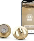 Crazy Tiny Smart Lock With Hidden Technology Polished Brass Finish Ultra Compact Design Easy Backset And Door Thickness Fit Secure Keyless Entry Previous Model Replacement For Modern Homes shown with mobile app control.