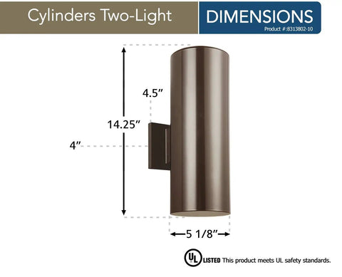 Bullets Cast Aluminum Outdoor Wall Sconce In Bronze Finish, Two Light Exterior Fixture dimensions with weatherproof LED conversion