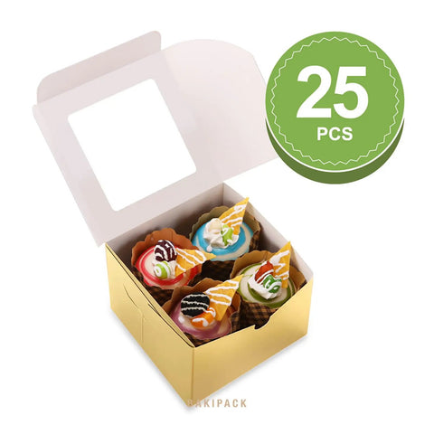 Next Level Gold Bakery Boxes With Crisp Clear Window 25 Pack 6X6X4 Inches Cake Containers For Cupcakes Desserts Cookies Party Favors Sweet Treat Gift Packaging
