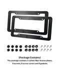 2 Pack Carbon Fiber License Plate Frames for Front and Rear Mounting With Fasteners And Screws Waterproof Plastic Tag Cover 4 Hole Universal Holder Durable Car Number Plate Frame Set with accessories displayed