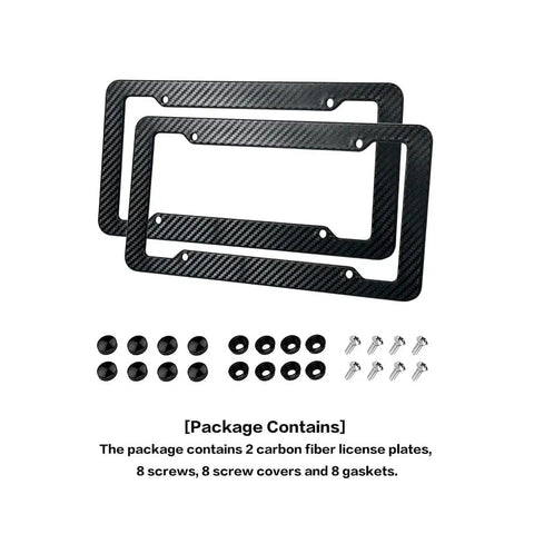 2 Pack Carbon Fiber License Plate Frames for Front and Rear Mounting With Fasteners And Screws Waterproof Plastic Tag Cover 4 Hole Universal Holder Durable Car Number Plate Frame Set with accessories displayed