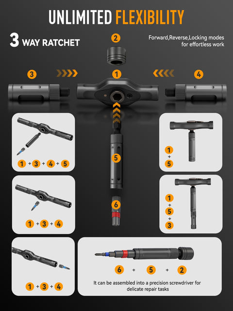68 In 1 Magnetic Ratcheting Screwdriver Kit With Detachable T Handle showing assembly and flexibility of components