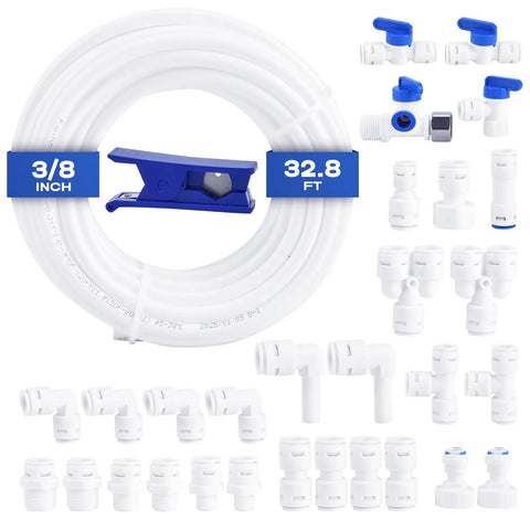 Three Eighths Inch Outer Diameter Water Line For RO Systems 32.8 Feet Long With Push To Connect Quick Connect Fittings Tubing Cutter And Sixteen Fittings For Easy Home Filtration Install kit showing tubing and fittings