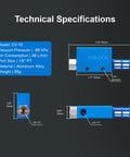Technical specs of Pro-Grade Pneumatic Vacuum Ejector With Silencer CV-10, aluminum alloy, compact size, labeled dimensions