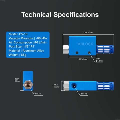 Technical specs of Pro-Grade Pneumatic Vacuum Ejector With Silencer CV-10, aluminum alloy, compact size, labeled dimensions