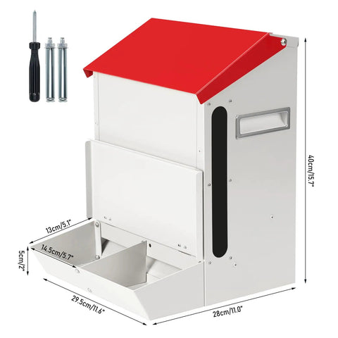 Game Changing Gravity Fed Auto Cat And Dog Food Bowl Station For Two Fur Kids Featuring Leak Proof Double Stainless Troughs Tough Outside Kibble Dispenser with red roof