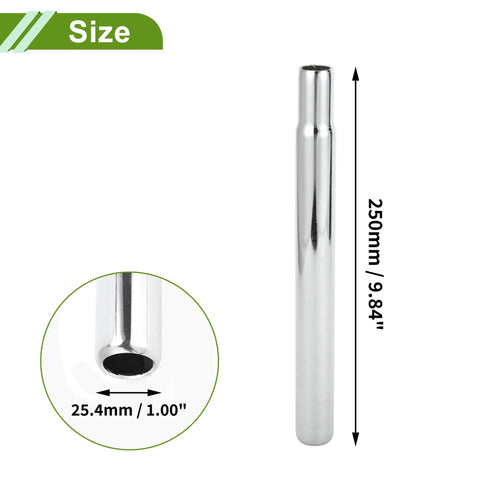 Universal 25.4x250mm Silver Tone Bike Seat Post, Durable Steel Saddle Post For Stable Ride, showing measurements