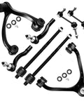 Flat lay of SCITOO 8-piece front upper control arm suspension kit with ball joints, inner/outer tie rods, and sway bar links in black