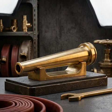 Top Tier Heavy Duty Brass Fire Nozzle 1.5 Inch Nst Fitting, solid brass material on a display stand for firefighting use.