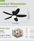 No Sweat When You Run This Ace 42 Inch Low Profile Flush Mount Ceiling Fan With Smart Lighting Remote Control and Six Speeds, black blades.