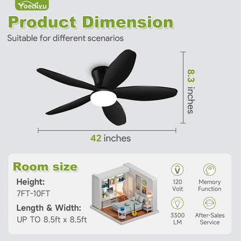 No Sweat When You Run This Ace 42 Inch Low Profile Flush Mount Ceiling Fan With Smart Lighting Remote Control and Six Speeds, black blades.