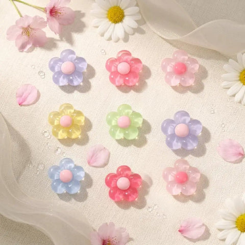 Pastel Jelly Daisy Flower Shoe Charms Set With Glossy Bling Floral Buckles in assorted pastel colors on a soft background.