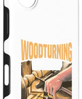 Woodturning themed phone case with an illustration of hands and lathe tools for Down Right Killer Woodturning Finish Chisel And Lathe Tool Set Inside Sturdy Travel Case With Heavy Duty Carbide Blades And Secure Mounts That Slays Hardwood Curves For Any Dedicated Shop Rat.