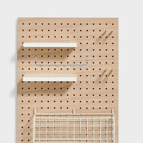 Pegboard with mounted shelves, hooks, and basket for Two Pack Adjustable Iron Storage Hooks Heavy Duty Pegboard Tool Hangers For Garage Workshop Home Office Organization.
