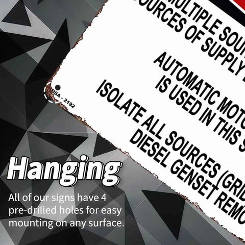12 By 8 Inch Aluminum Danger Sign For Multiple Power Supply Warning Rugged Built Tough Metal Plaque With Bold Color Graphics For Indoor Outdoor Use Ideal Electrical Safety Message On Industrial Installations, hanging view with pre-drilled holes