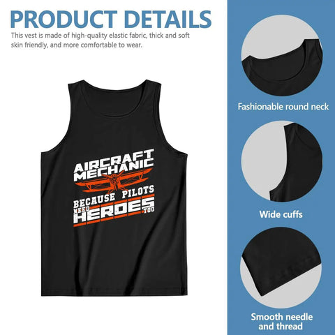 Men's Aircraft Mechanic Tank Top, Summer Breathable Cotton Sleeveless Muscle Shirt, front view with design details.