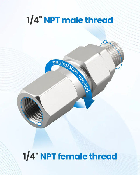 One Quarter Inch NPT Pressure Washer Swivel Fitting For Gun And Hose, 360 Degree Kink Free Connector, 4000 PSI, 2 Pack, Heavy Duty Metal Adapter For Leak Free Spray Gun To Hose Links And Smooth Rotation, 1/4 NPT male to female thread