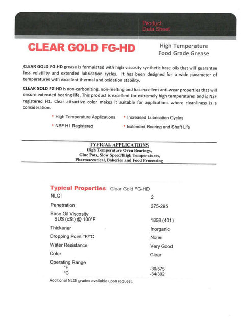 Clear Gold FG-HD High Temp Food Grade Grease Cartridge datasheet showing properties, applications, and specifications.