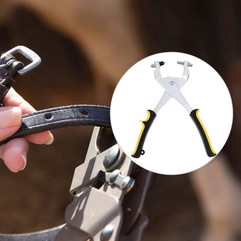 Handheld Hole Punch Pliers Stainless Steel Belt Puncher Tool in use for leather crafting, close-up view with tool and punched belt.