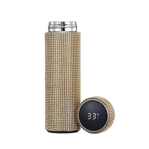 Dope Clean Smart Diamond Touch Temperature Display Vacuum Flask Premium 304 Stainless Steel Insulated Tumbler Cup with built-in tea filter, gold design, digital temperature display.