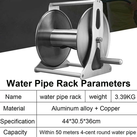 Heavy Duty Stainless Steel Garden Hose Reel Trolley With Easy Spin Crank And Sturdy Wall Mount for outdoor use and pipe storage.