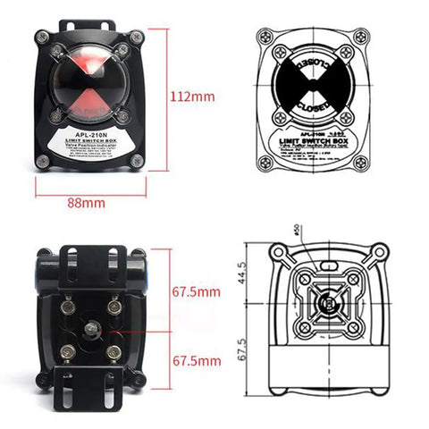 Industrial Grade Rugged Limit Switch Box For Pneumatic Valves With 2SPDT Mechanical Switches, front and side view diagram