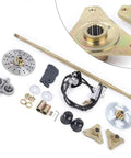 29 Inch Go Kart Rear Axle Kit With Brake Assembly And T8F Chain Set, steel and aluminum parts spread out, fits 50cc to 90cc engines.