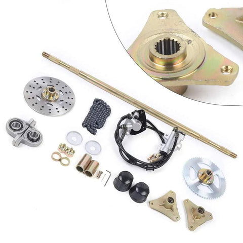 DIY Go Kart Rear Axle Kit With Brake Assembly And Pillow Blocks 740mm Complete Axle Set components laid out.