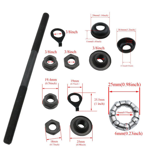 Must Have Bike Hub Kit For Road And Mountain Bikes With Three Eighths Inch Cup Axle And One Hundred Eighty Millimeter Length Includes One Quarter Inch Silver Ball Bearing Retainer And Twenty Six TPI Conical Lock Nut Washer Set For Easy Install parts displayed