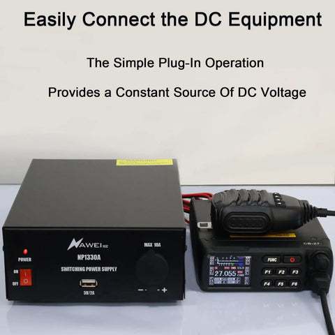Beefy 13.8V 30A DC Power Supply With Cigarette Plug Socket For Ham CB Radios next to a connected CB radio unit