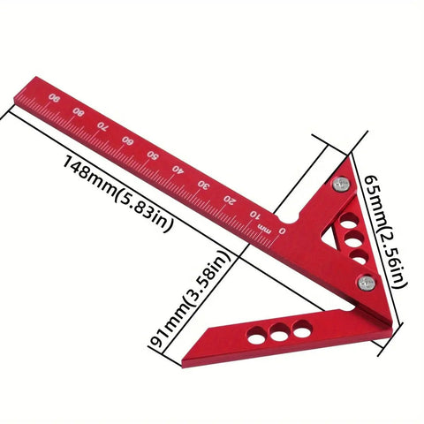 Sick Aluminum Alloy Woodworking Square For Dead Center Layout And 45 90 Degree Angle Measuring Tool With Sharp Scribe Ruler In Bold Red Metric Workshop Finish, detailed size markings.