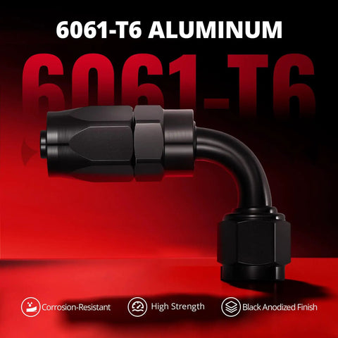 6AN Hose End Fitting Kit Straight 45 Degree And 90 Degree Swivel For CPE Braided Hose Aluminum 6061T6 Anodized Black High Flow 1500 PSI Max Working Pressure, 90-degree fitting