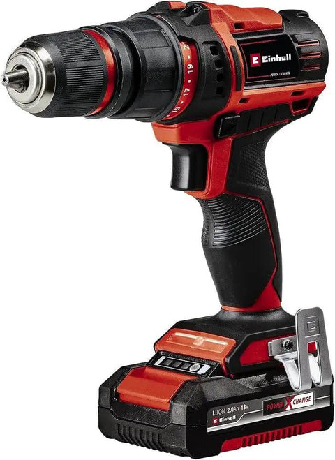 Rock Solid 18V Cordless Drill Driver With Kickass 45 Nm Torque And Smooth Two Speed Gearing Includes Dual 2.0 Ah Batteries Quick Charger Plus Full 22 Piece Accessory Kit For Heavy Duty Jobs And Weekend DIY Renovations side view of a cordless drill with dual battery and adjustable settings.