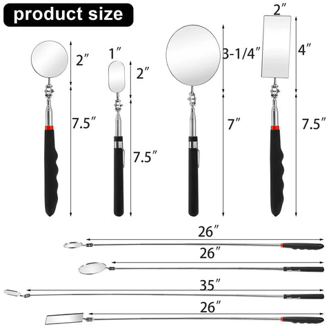 4 Pack Telescoping Inspection Mirrors Set With Round And Rectangular Heads Flexible And Handy Adjustable 6 To 25 Inch Extension 360 Swivel Built For Cars Bikes And Tight Spots, shown in various extended positions with size measurements