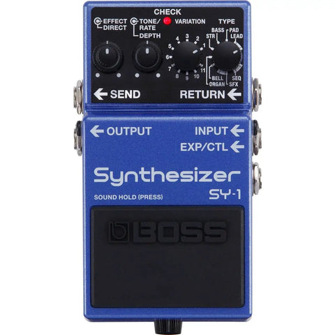 Front view of SY-1 Guitar and Bass Synth Pedal With Polyphonic Synth Engine, Hold Function For Sustained Voices, Expression Input, And Send Return Loop For Seamless Layering And Rich Onstage Studio Tones, featuring control knobs and jacks.