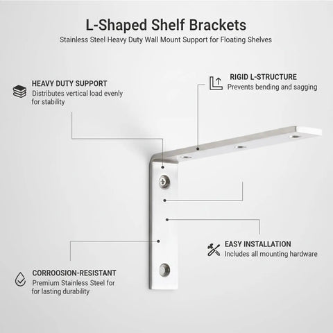 Close-up of Stainless Steel L Shaped Shelf Brackets Heavy Duty Wall Mount Supports For Floating Shelves Built To Last And Keep Things Level