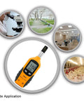 Beast All In One Digital Psychrometer Thermometer And Humidity Meter With Backlight Dew Point And Wet Bulb Readouts in yellow casing.