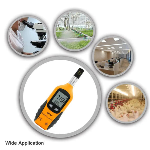 Beast All In One Digital Psychrometer Thermometer And Humidity Meter With Backlight Dew Point And Wet Bulb Readouts in yellow casing.