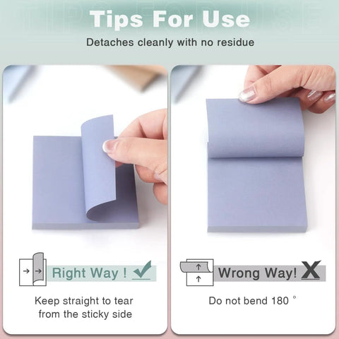 Tips for using 3x3 Inch Sticky Notes 8 Pads Per Pack Dope Vintage Colors Self Stick Super Sticky Self Adhesive Notes, correct tearing method shown.