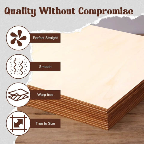 Basswood sheets 12x8 in, 1/10 in thick, 12-pack, unfinished for laser cutting; front view of stacked sheets