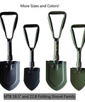 Four MTB folding shovels including Beefy Folding Camping Shovel With Wood Saw Edge, High Carbon Steel Entrenching Tool, 18.3 Inch, Green.