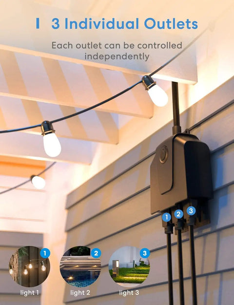 Outdoor Smart Plug With 3 Independent Sockets For Patio Or Yard mounted with string lights on wall