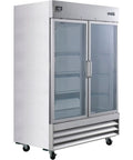 Heavy Duty Commercial Reach In Freezer With Dual Glass Doors And Rock Solid Stainless Build For Top Shelf Cold Storage And Easy Setup At Forty Seven Cubic Feet Capacity, featuring a sleek design with dual doors and adjustable shelves.