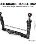 Beefy Dual Handle Underwater Camera Tray Bracket with Standard Quarter Inch 20 Thumb Screws, extendable width measurement shown