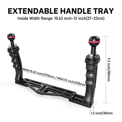 Beefy Dual Handle Underwater Camera Tray Bracket with Standard Quarter Inch 20 Thumb Screws, extendable width measurement shown