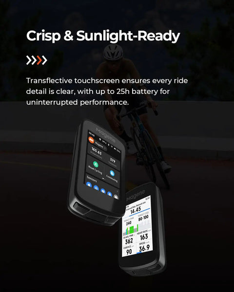 Pro GPS Bike Computer With 2.8 Inch Transflective Screen, shown with cyclist on background, highlighting crisp display in sunlight.