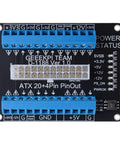 Top view of ATX Power Supply Breakout Board 24 Pin To 20/20+4/24 Header With Latching On Off Button and terminal blocks.