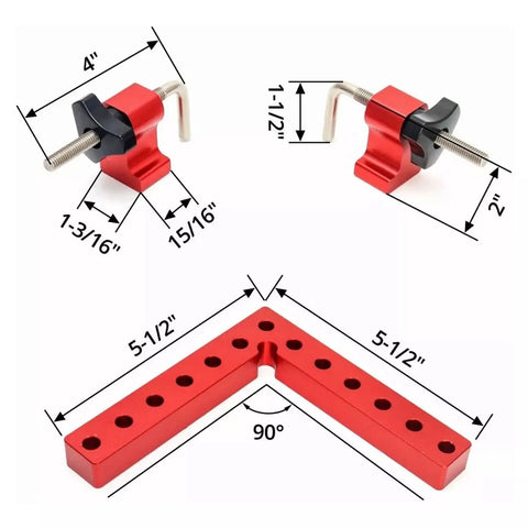 Right Angle Clamp 90 Degree Holder For Woodworking And Welding, Heavy Duty Corner Clamp showing dimensions and aluminum alloy material