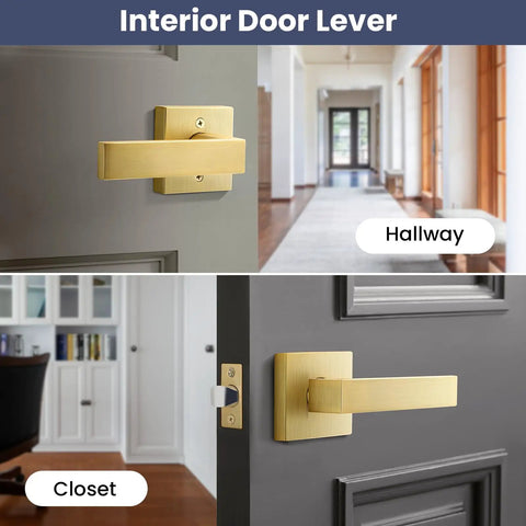 2 Pack Gold Dummy Door Handles For Interior Doors, Single Sided Rear Mount Lever Knobs on hallway and closet doors