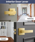 5 Pack Hallway And Closet Door Levers Dope Sleek Modern Gold Finish Keyless Non Locking Heavy Duty Lockset shown in hallway and closet